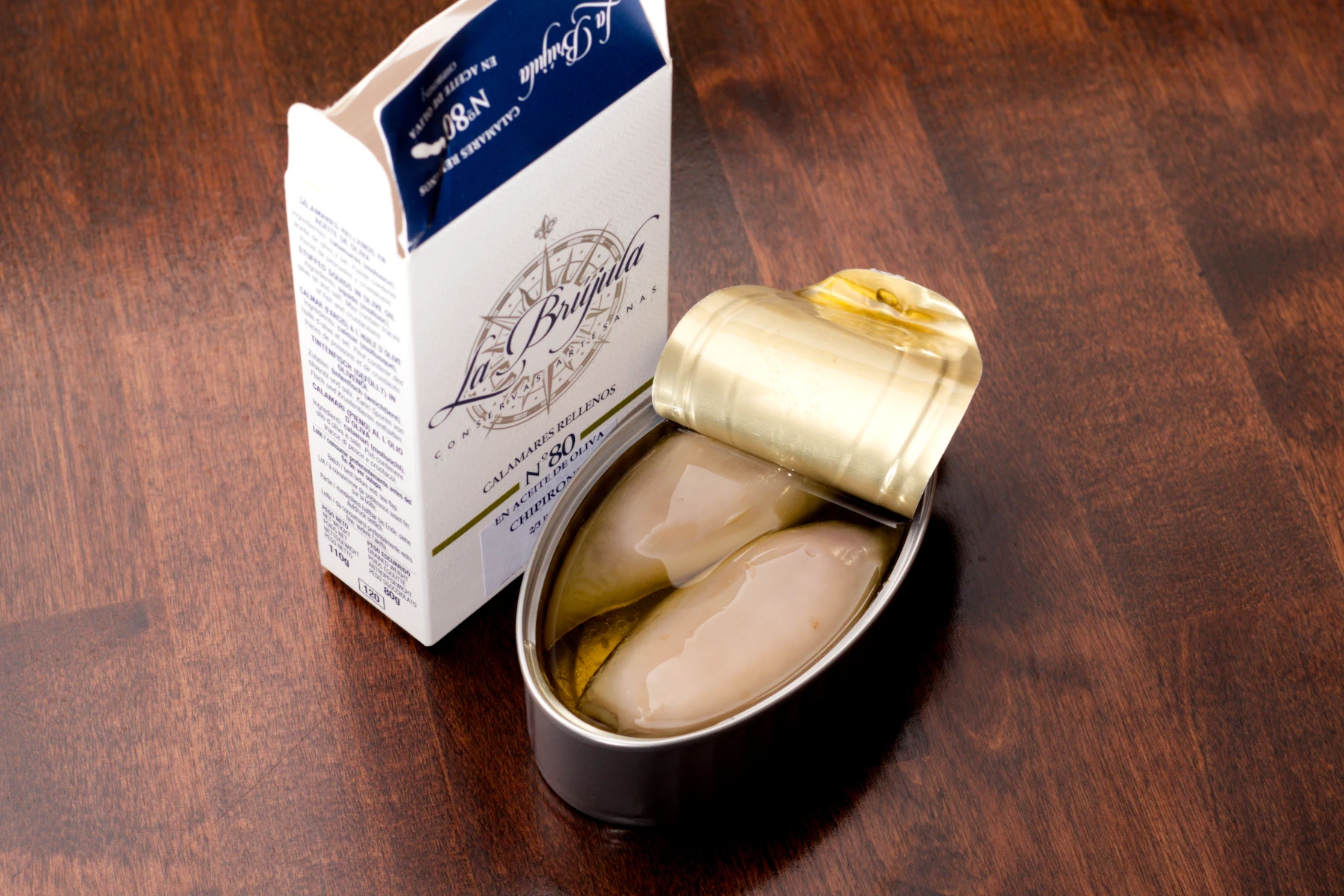Opened tin of stuffed squid
