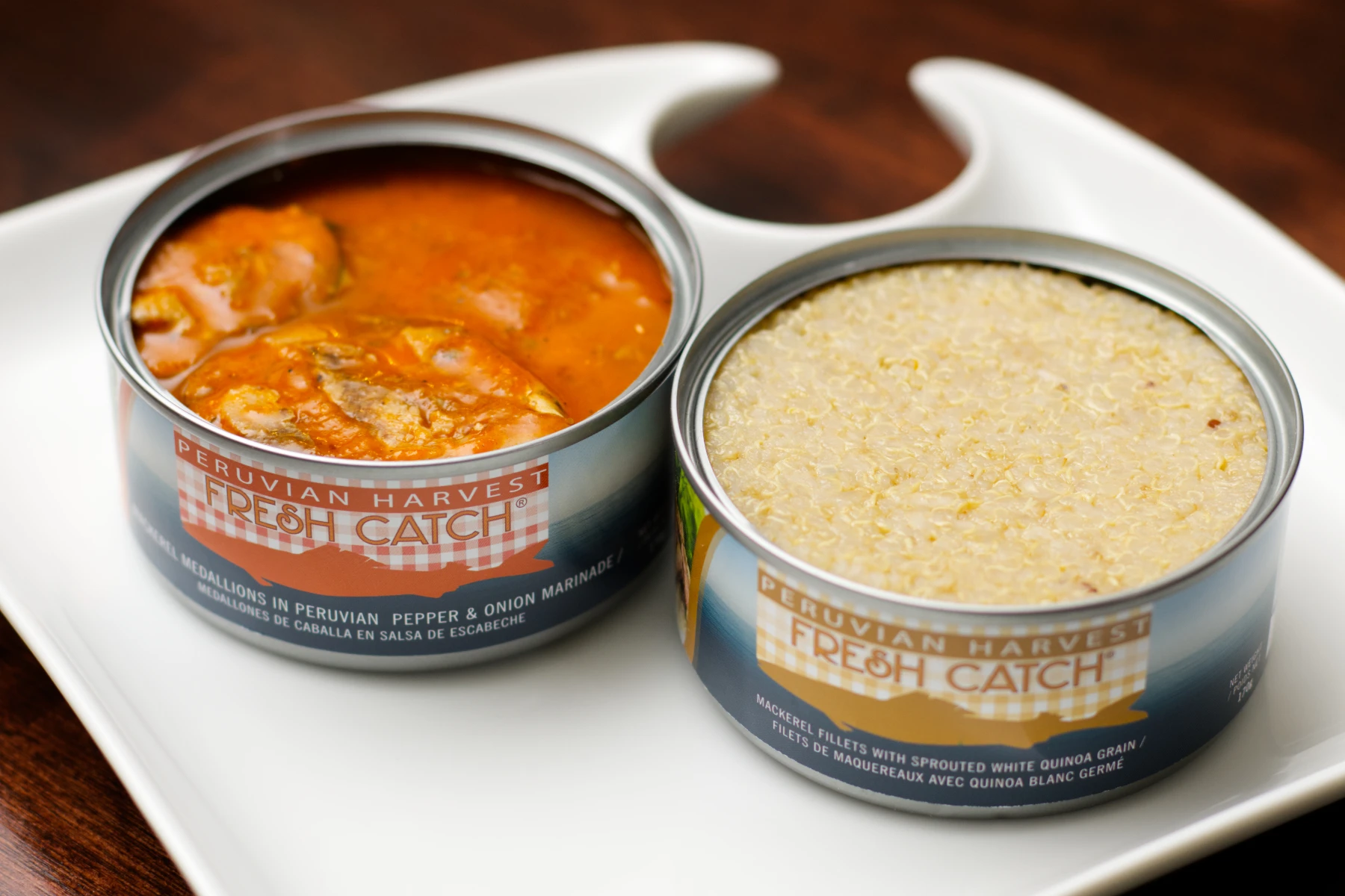 Opened cans of two different Peruvian Harvest tapas