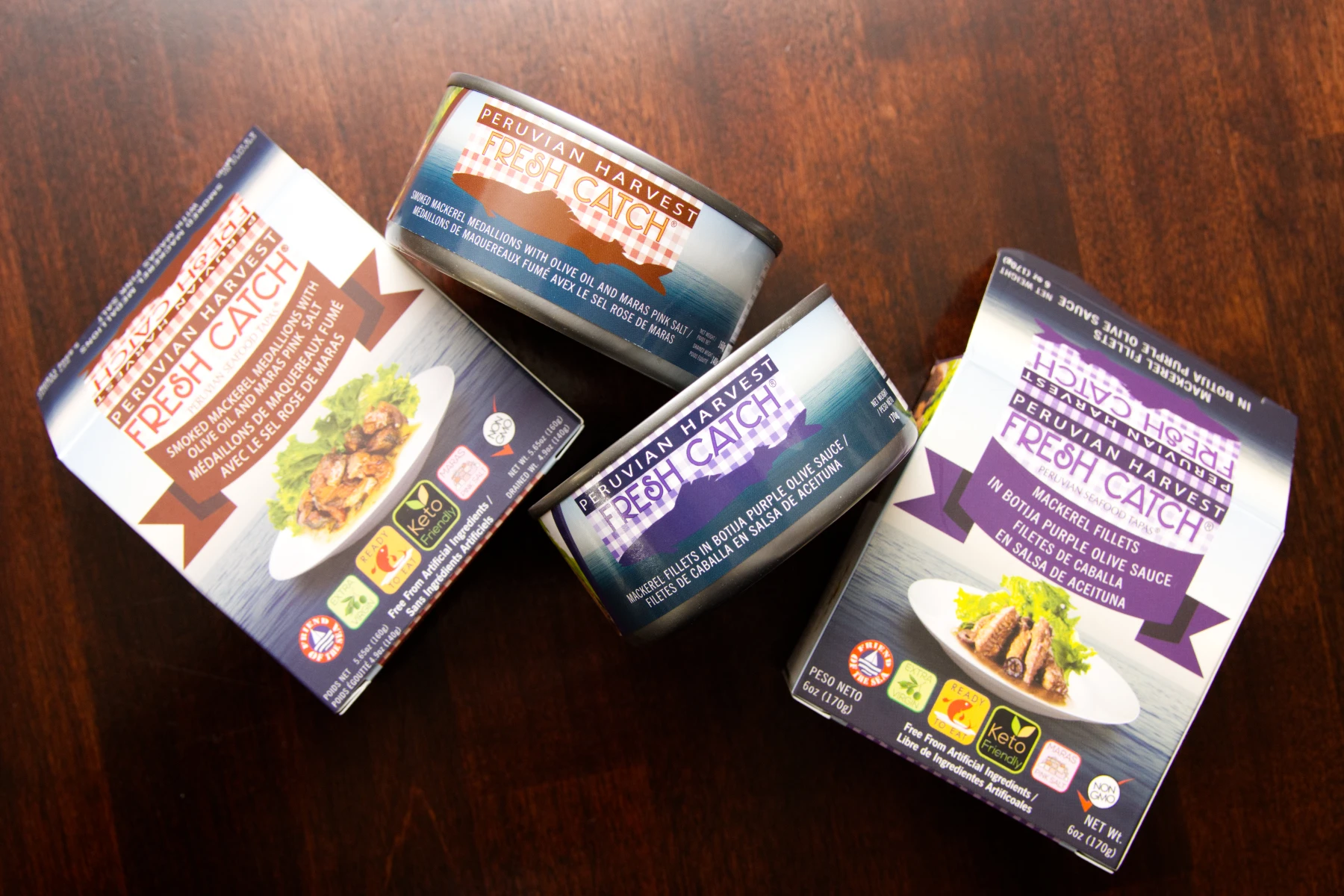 Cans and boxes of two different mackerel products